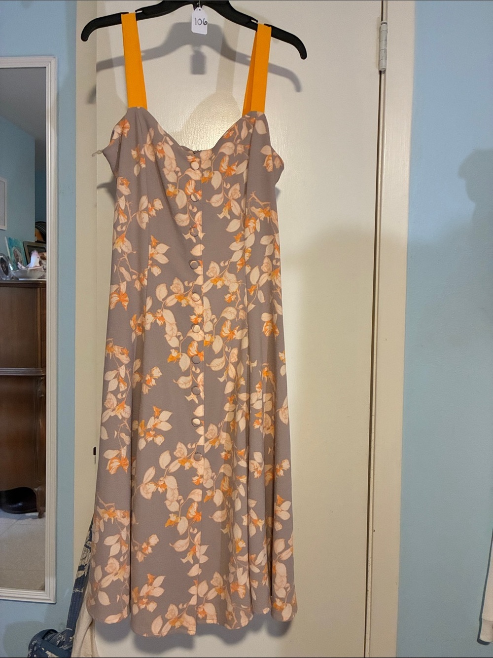 eva mendes for New York & Company Taupe Floral Midi Dress with Orange Straps